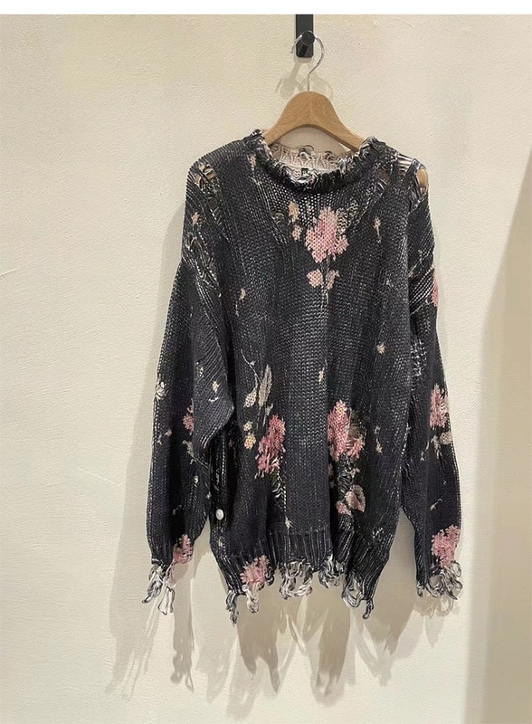 Niche Trendy Brand 26 Autumn/Winter New Loose Washed Vintage Rose Floral Distressed Frayed Knit Sweater for Women with Hollow-Out Design