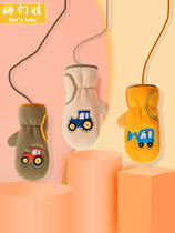 Cartoon locomotive childrens gloves boy baby hand cover bag finger can hang neck winter plus velvet warm girl windproof