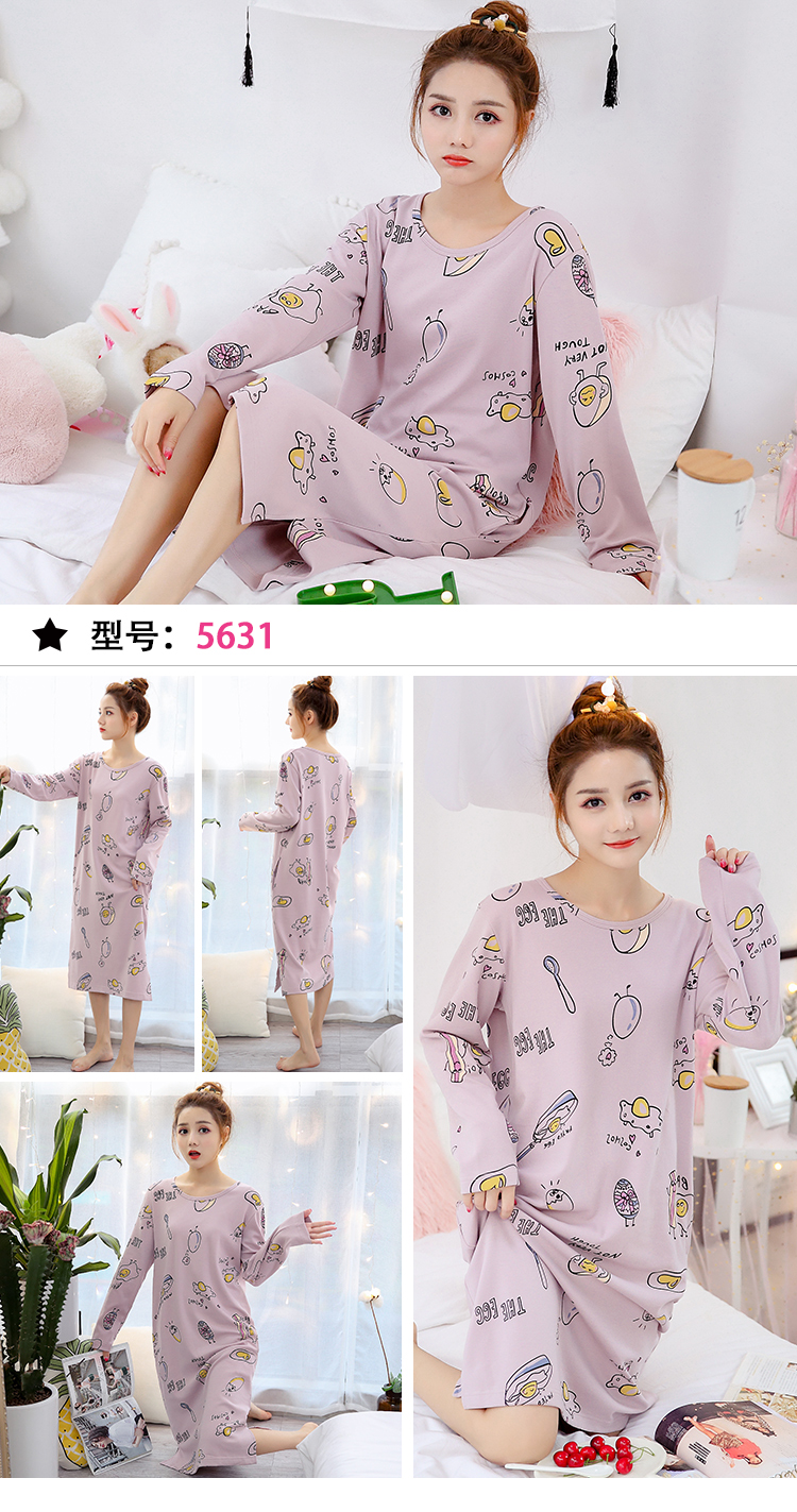 Phiên bản Hàn Quốc của bộ đồ ngủ dài tay nữ mùa xuân và mùa thu siêu dài qua đầu gối dài bằng vải cotton cho sinh viên váy ngủ thanh niên mùa hè Hàn Quốc