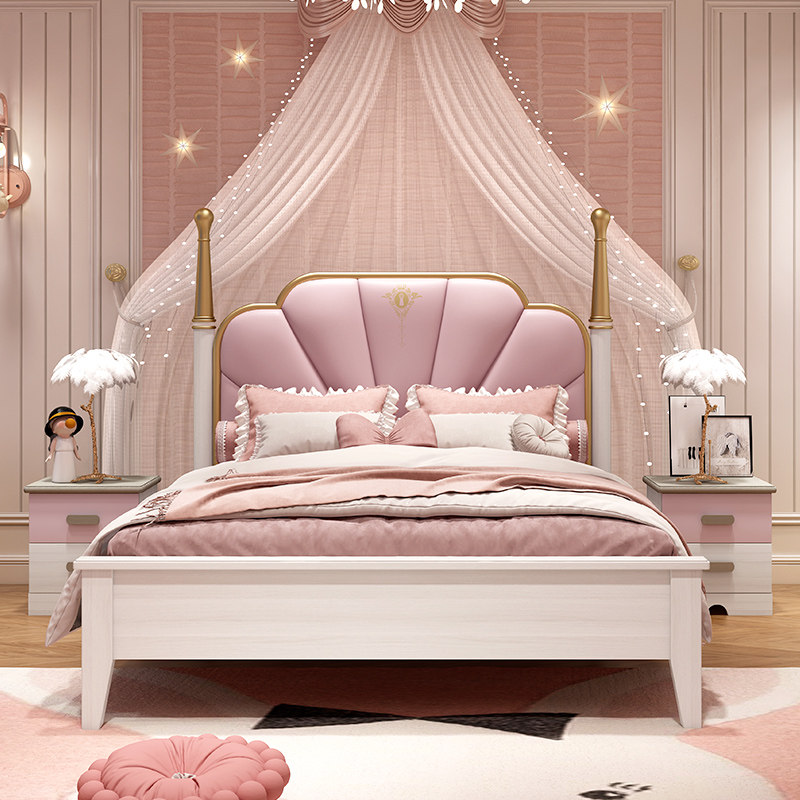 Full solid wood Children's bed girl princess genuine leather bed pink girl containing bed light lavish modern single bed soft bunk bed