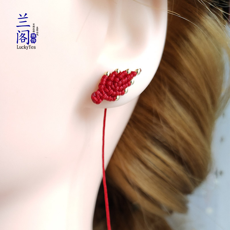 Original pure handmade woven red rope leaf lucky to face slim earrings minimalist with a long version of the earring