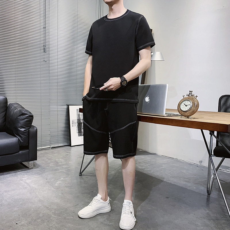 Shorts, short-sleeved men's one suit, summer tide brand, solid color round neck, two-piece youth student five-point pants full body
