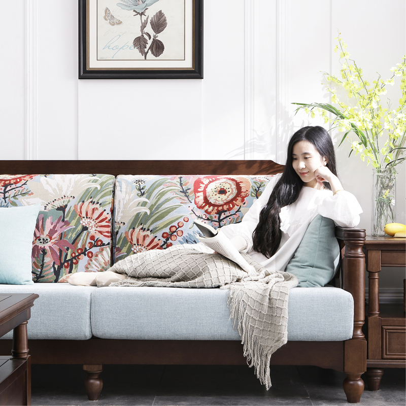 American solid wood fabric sofa 123 combination three-person small apartment retro country living room white solid wood furniture