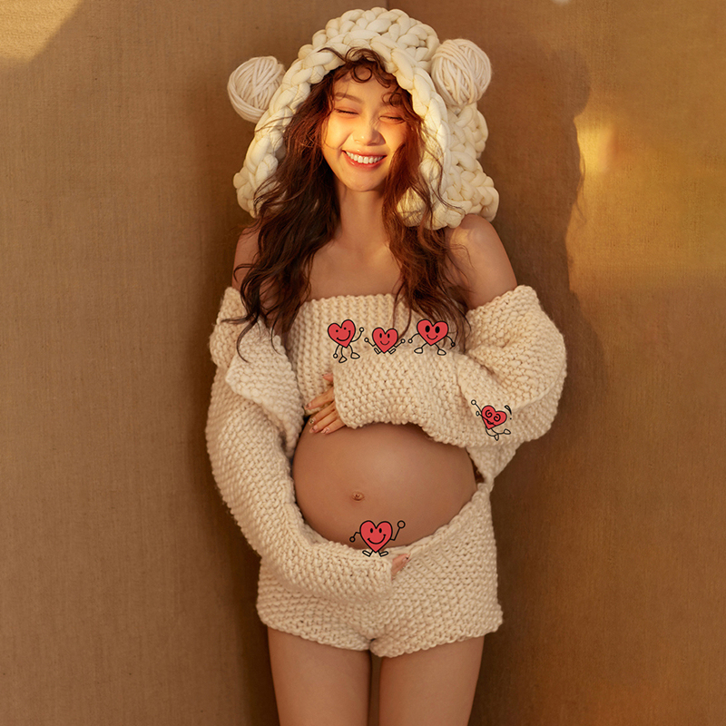 Maternity Photo Shoot Outfits for Exhibitions, Cute and Fresh Style, Chunky Knit, New Style, Studio Belly Art Photo Clothes