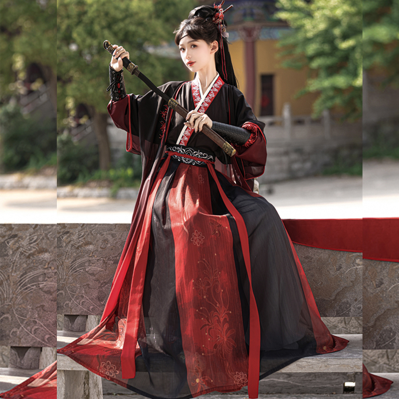 Original New Model [Mulan Jintian] Han-Style Unisex Hanfu Suit in Black and Red, Handsome Ancient Style