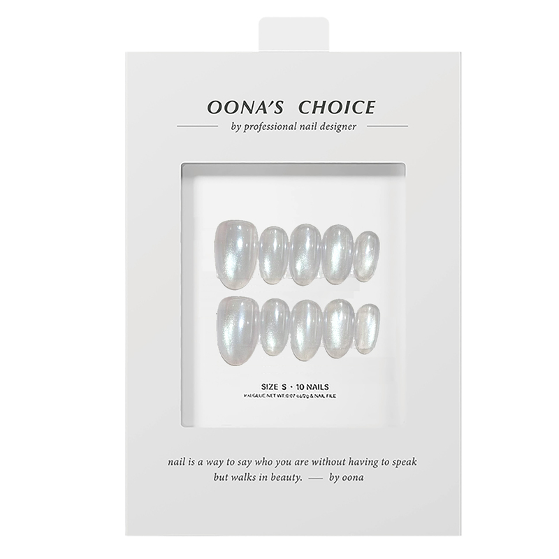 【Light】High-End Icy Gray-Blue Glass Bead Cat-Eye Elegant Manicure, Clean and Cool Silver-Tone Press-On Nails