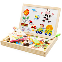 Wooden farm paradise Magnetic puzzle double-sided puzzle drawing board Childrens puzzle cartoon animal scene toy