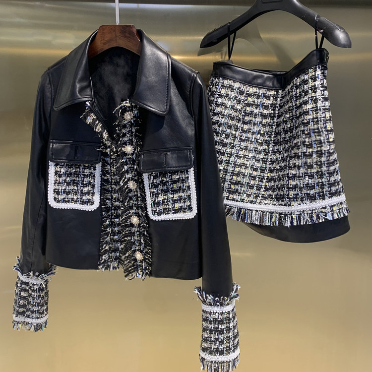 2022 new small fragrant wind dermis leather clothing female short suit jacket