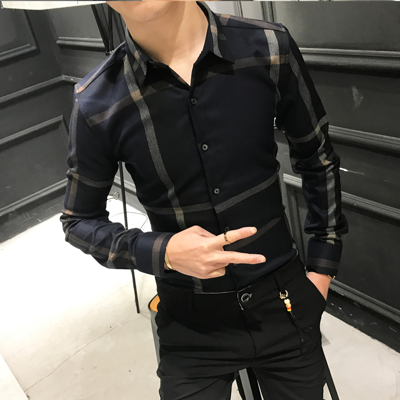 包邮潮流经典大格子休闲长袖衬衫小码男装青年发型师修身寸衬衣男