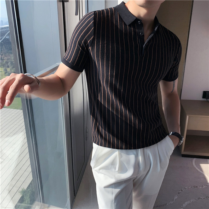 Tide brand summer ice silk knitted POLO shirt men's lapel short-sleeved T-shirt striped slim British business casual top