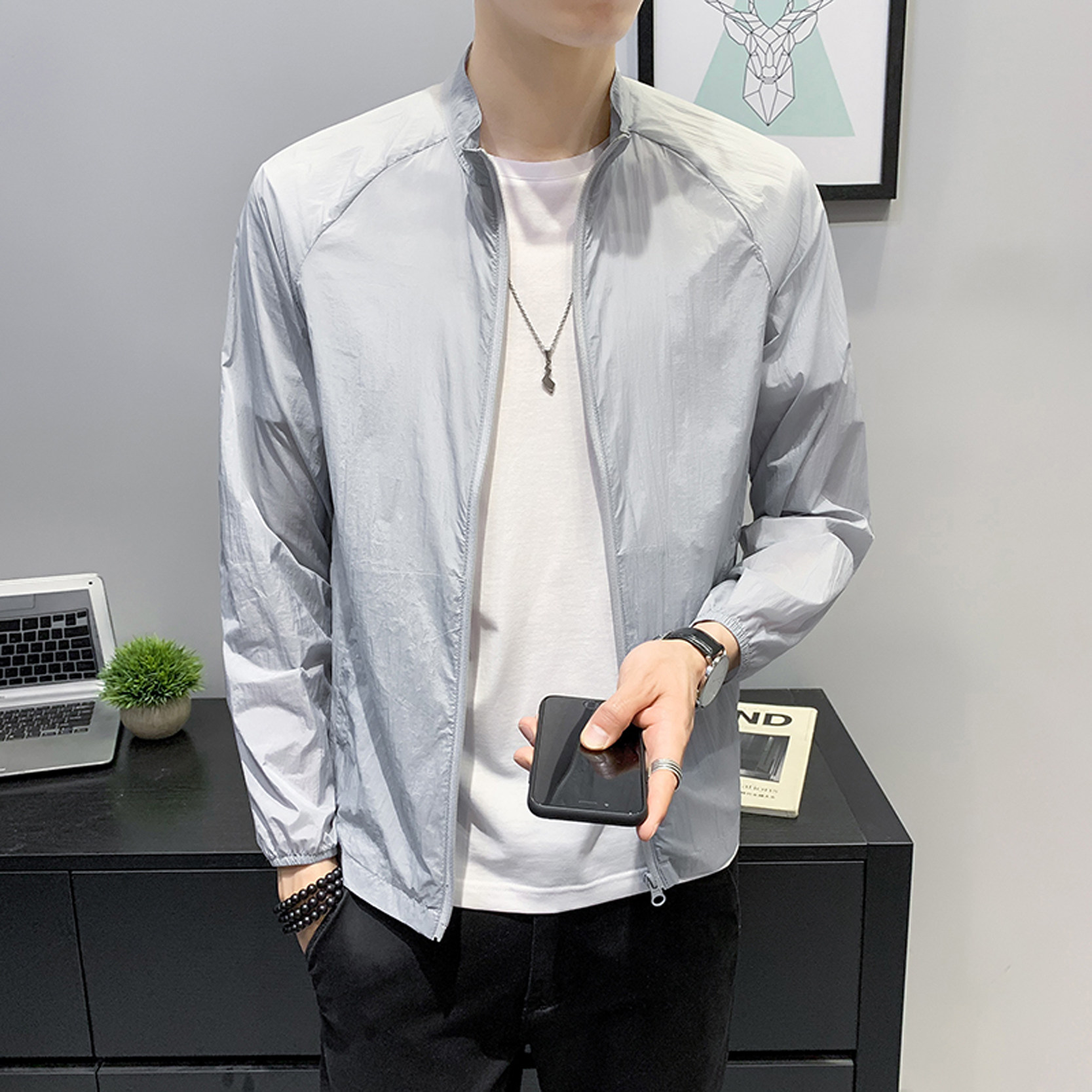 Summer sun protection clothing men's casual ultra-thin jacket stand collar breathable windbreaker sun protection clothing skin clothing trendy brand tops