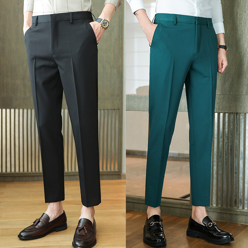 Korean version of spring and summer trendy men's solid color drape trousers slim men's business casual nine-point pants 2021 trendy brand small trousers