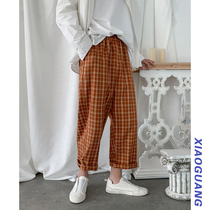 Plaid pants mens loose straight wild 2021 new trend brand trend ruffian handsome nine-point wide-leg pants summer thin section