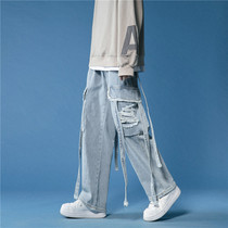 High street hole ribbon jeans mens straight loose wide leg tide card hip hop hiphop personality tooling long pants