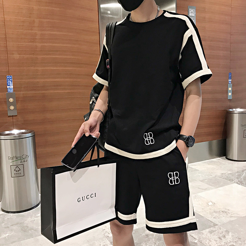357-P85控115 社会小伙港风日系短袖短裤绣边刺绣两件套套装男黑1