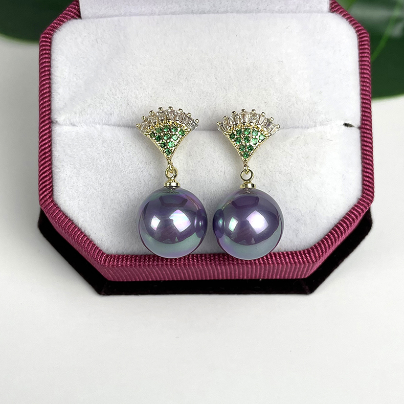 Sector micro-inlaid zircon shell bead ear pin S925 silver natural mother bay imitation pearl earrings decorated pendant white purple