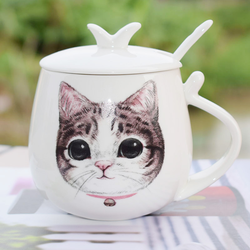 Creative cat cup ceramic with lid and spoon new cute animal coffee cup couple cup water cup