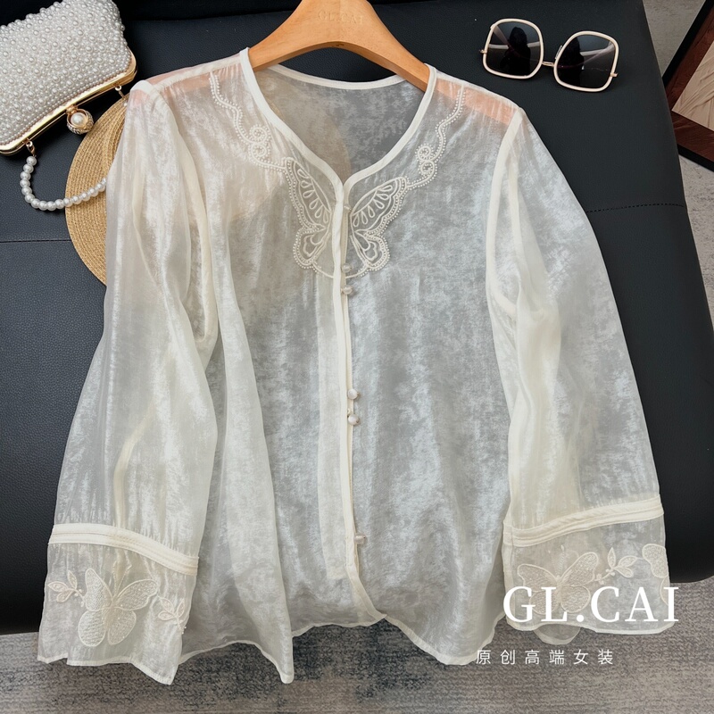 New Chinese-Style Butterfly Embroidery Rayon Shirt for Women, Summer 2026, Elegant, Lightweight, Slightly Sheer, Sun-Protective Cardigan Top