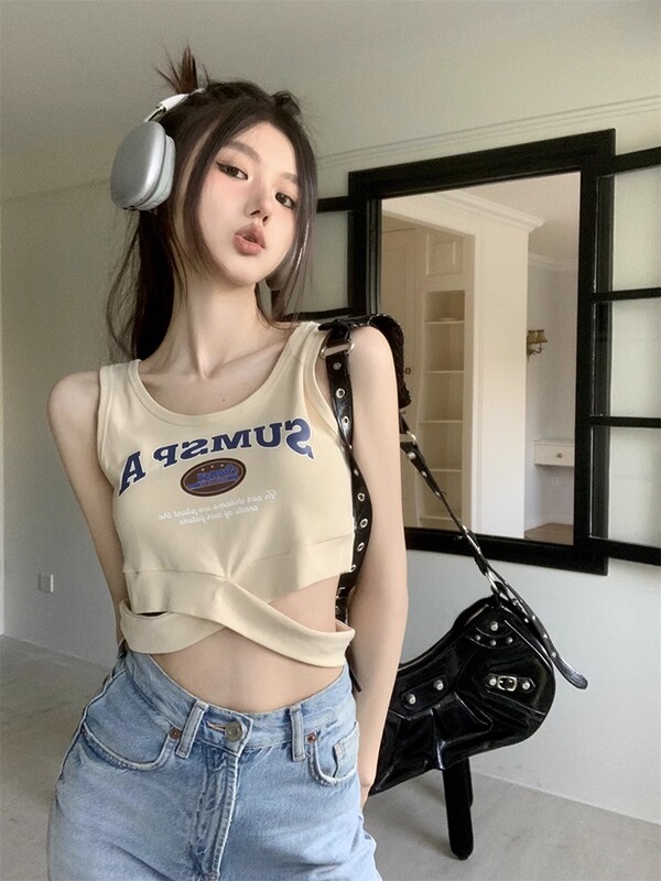 American-Style Spicy Girl Camisole for Women, Summer 2025 New Design, Cross-Over Short Top with Exposed Waist, Pure Cotton Trendy Top