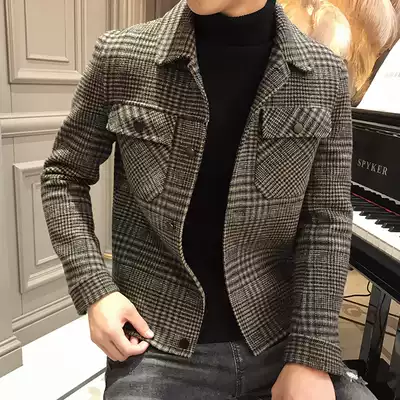 Woolen coat men's short plaid trendy slim wool Korean version 2021 new cashmere coat men wt