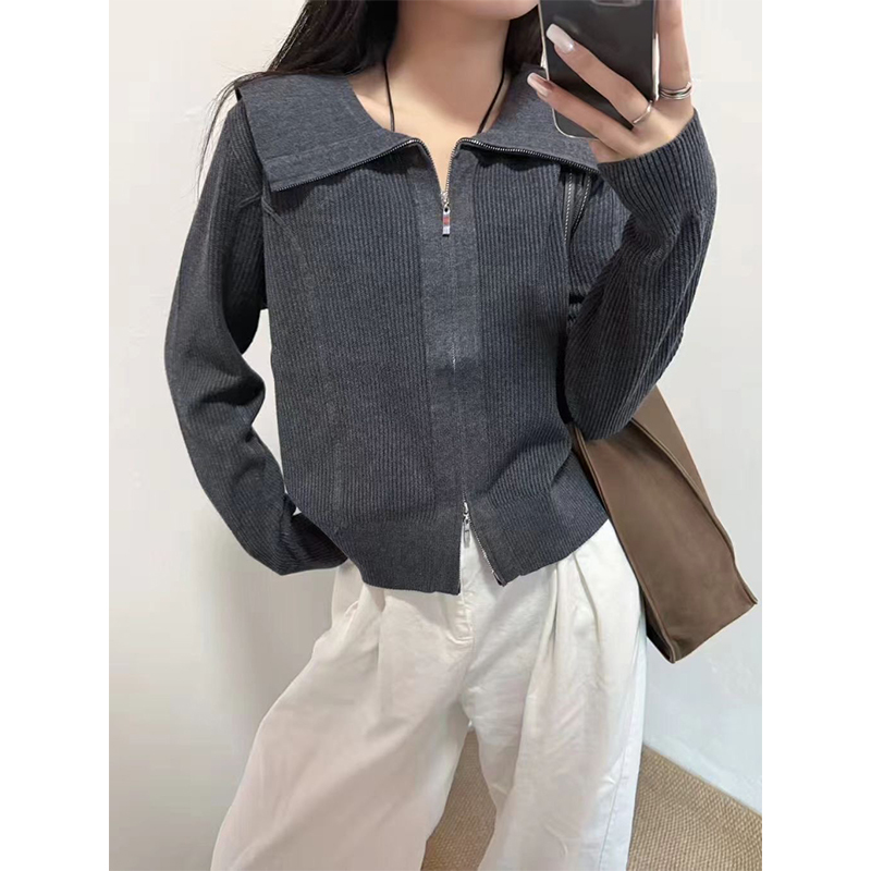 Academy-Style Fashion Navy Collar Embellished Double-Zipper Knit Cardigan for Women, Autumn Slim-Fit Sweater Outerwear Academy-Style Fashion Navy Collar Embellished Double-Zipper Knit Cardigan for Women, Autumn Slim-Fit Sweater Outerwear