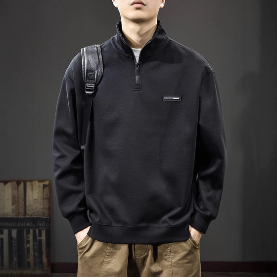 
New autumn style high-end stand-collar men's sweatshirt retro long-sleeved polo shirt American loose heavy sports jacket