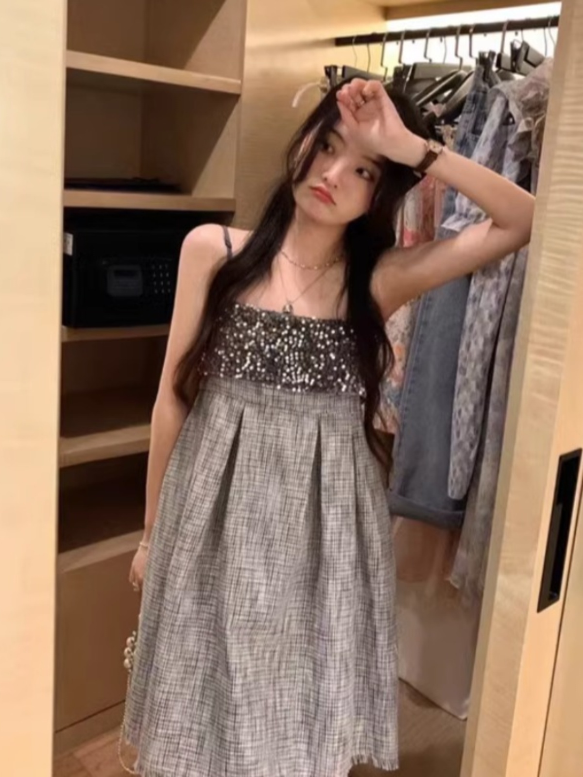 Nail sequins, dress, sexy skirt, suitable for teen, fitted, Chanel style, A-line Nail sequins, dress, sexy skirt, suitable for teen, fitted, Chanel style, A-line