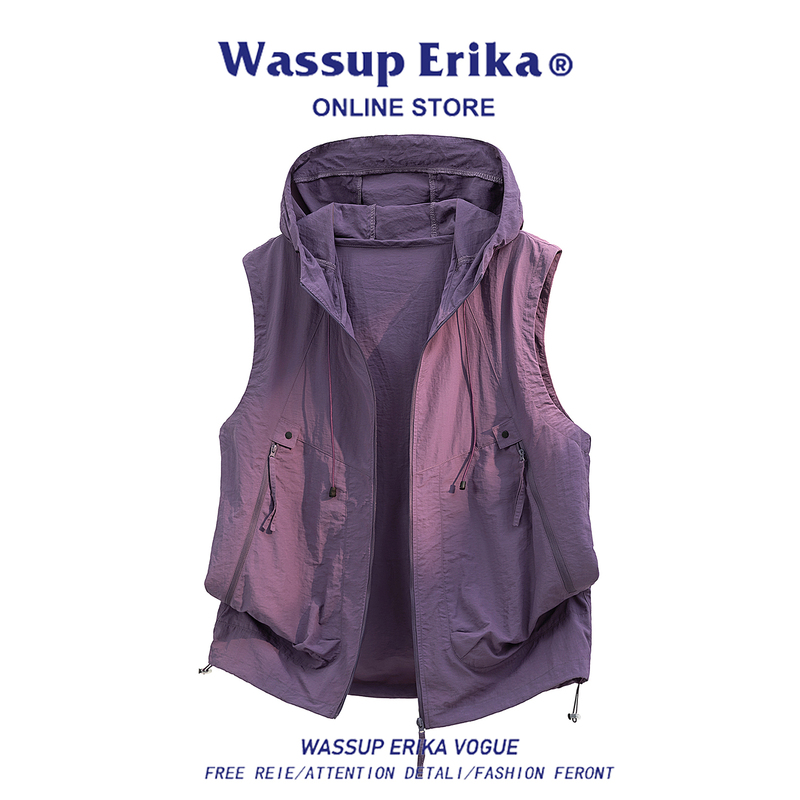 Wassup Erika Purple Dopamine Lightweight Sleeveless Hooded Vest Men's Summer Water-Repellent Quick-Drying Vest Wassup Erika Purple Dopamine Lightweight Sleeveless Hooded Vest Men's Summer Water-Repellent Quick-Drying Vest