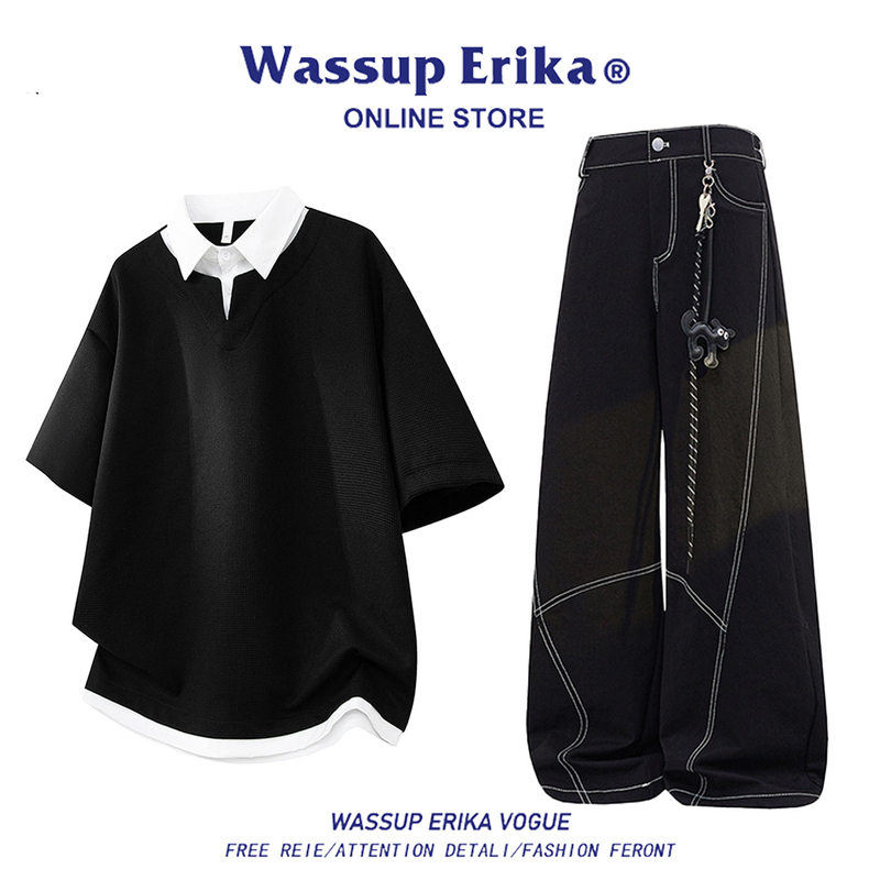 Wassup Erika Trendy Fake Two-Piece Lapel Short-Sleeved T-Shirt Top Men's Summer Fashion Loose Two-Piece Set