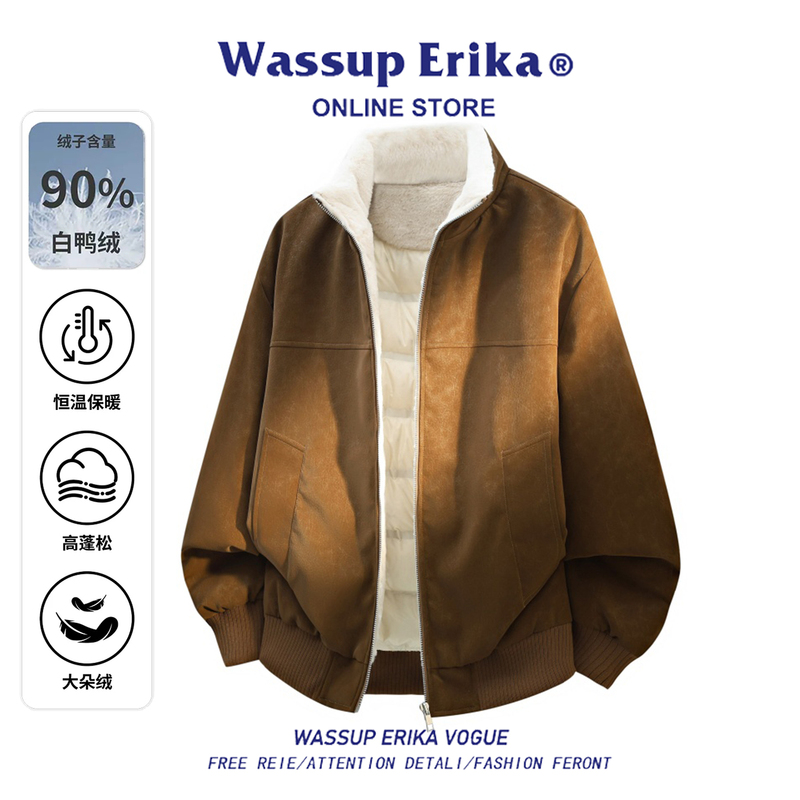 Wassup Erika American-Style Motorcycle Pu Leather Stand-Collar down Jacket for Men, New Winter Windproof and Warm Loose-Fitting Coat