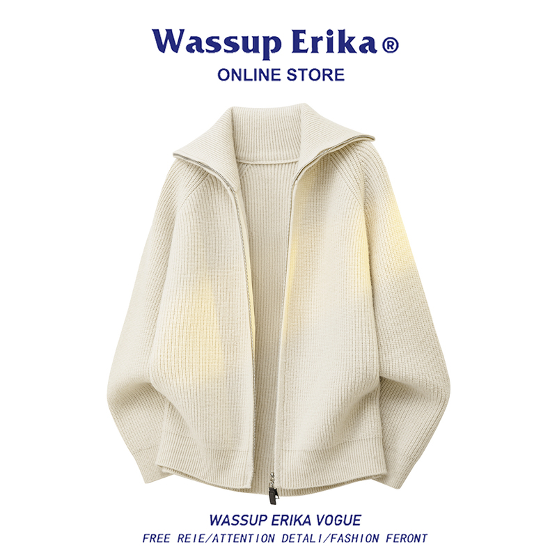 Wassup Erika Old Money Style Apricot Double Zipper Lapel Cardigan Sweater 2026 Autumn Men's Stylish Jacket