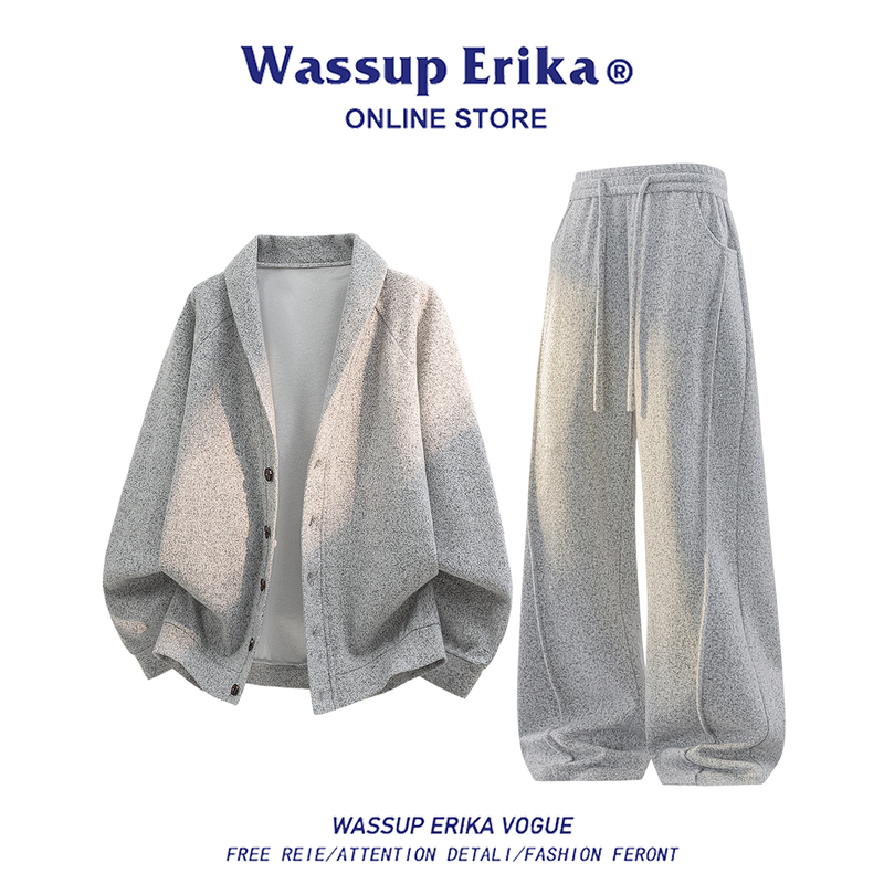 Wassup Erika Old Money Style Sheep Wool Cardigan Sweatshirt Wide-Leg Pants Set Men's Autumn Two-Piece Set Wassup Erika Old Money Style Sheep Wool Cardigan Sweatshirt Wide-Leg Pants Set Men's Autumn Two-Piece Set