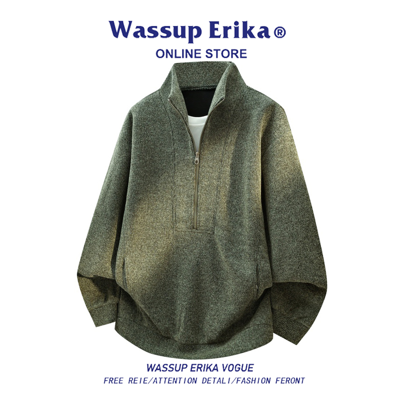 Wassup Erika Green Knitted Sweater with Stand Collar for Men, New Autumn Pullover with Half-Zip, Loose Fit Top