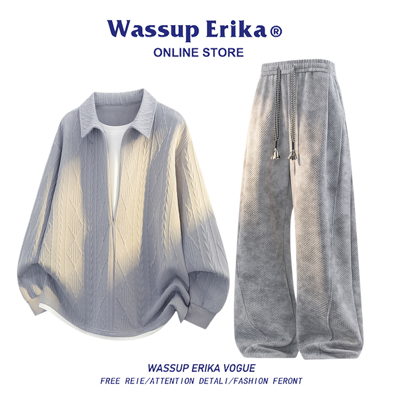 Wassup Erika Fake Two-Piece Color-Blocked Sweatshirt Tie-Dye Wide-Leg Pants Two-Piece Set Men's Autumn Casual Suit