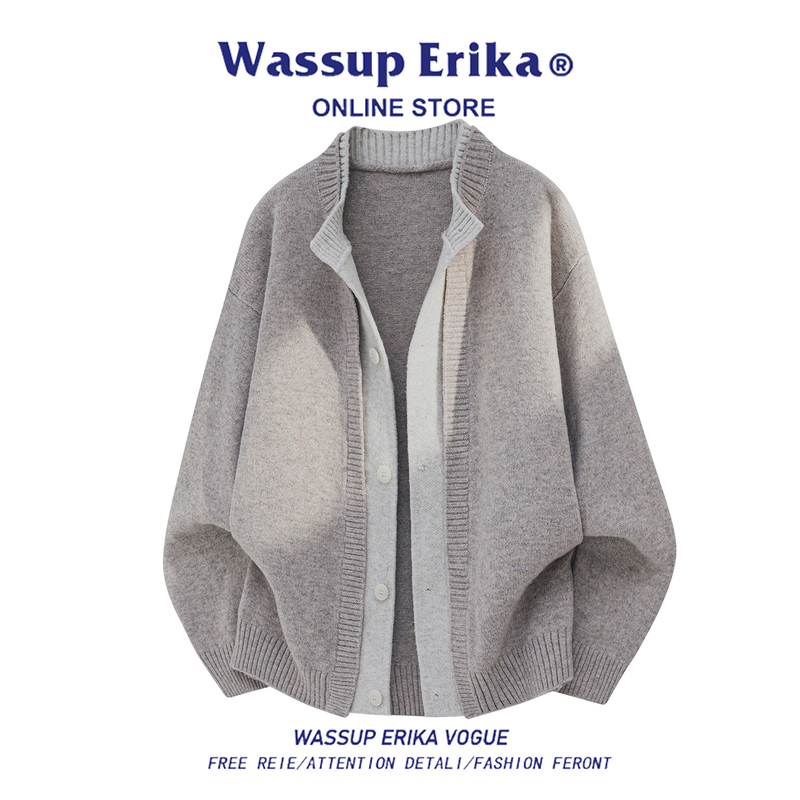 Wassup Erika Fake Two-Piece Knitted Cardigan Sweater for Men, Autumn Loose Casual Mature Style Trendy Jacket Wassup Erika Fake Two-Piece Knitted Cardigan Sweater for Men, Autumn Loose Casual Mature Style Trendy Jacket