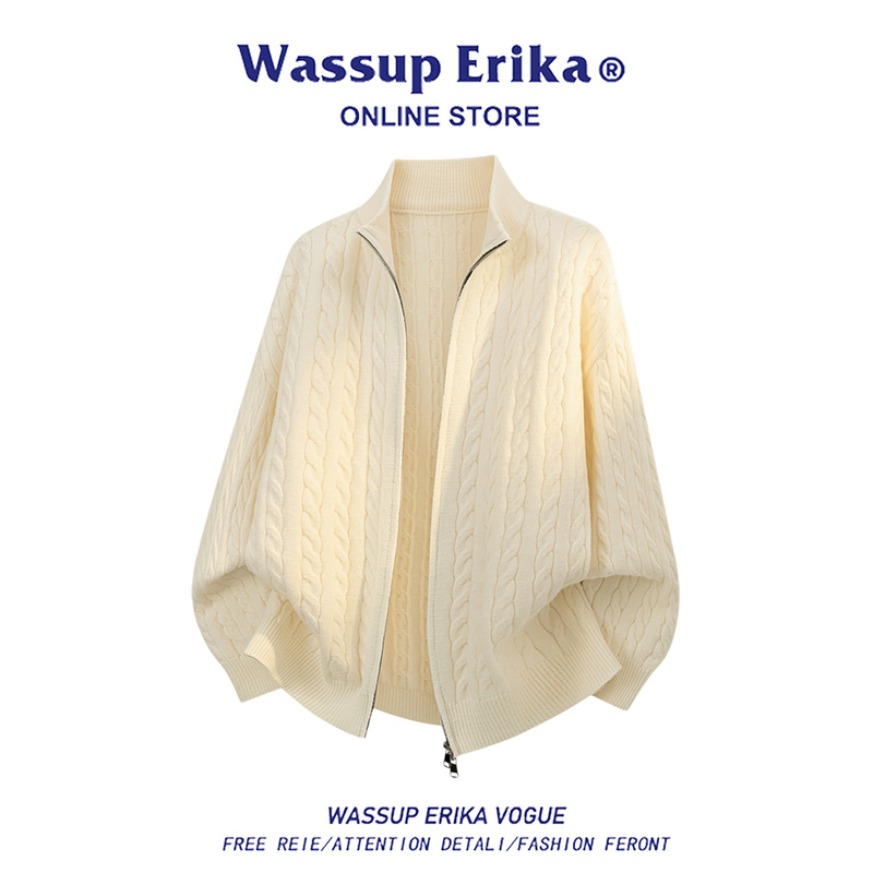 Wassup Erika Twist Pattern Pure Color Cardigan Knitted Sweater Men's Autum Simple Casual Youth Jacket