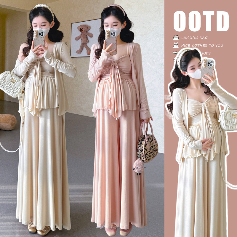 Maternity Wear Spring and Summer Style Set, French-Style Camisole Top 3-Piece Set, 2026 New Stylish Outfit for Pregnant Moms, Complete Set