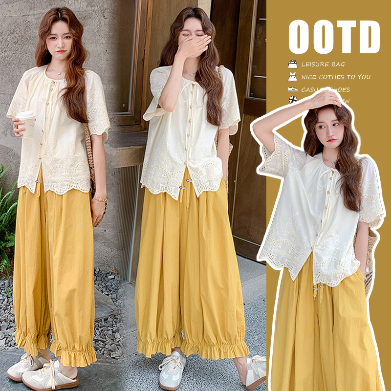 Maternity Wear, Summer Style Shirt and Wide-Leg Pants Two-Piece Set, Beautiful Outfits for Pregnant Women, a Complete Set for Pregnant Moms to Feel Classy in Summer