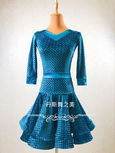 Autumn Winter Girls Early Childhood Latin Dance Standard Competition Naked Show Suit Imported Gvelvet Double V Collar Large Skirt Hem Two