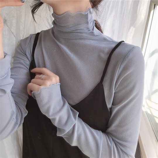 Ruffled Mesh Base Shirt for Women, Suitable for Autumn and Winter, to Be Worn with Sweaters, Ethereal Half-High Collar Chiffon Lace Top with Added Fleece