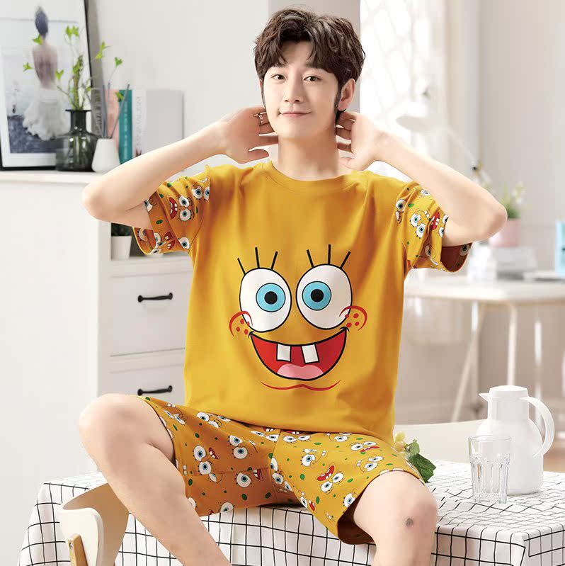 Teen boys đồ ngủ mùa hè junior học sinh trung học hoạt hình mỏng bông ngắn tay trong trẻ em lớn Crayon nhỏ quần áo về nhà mới.