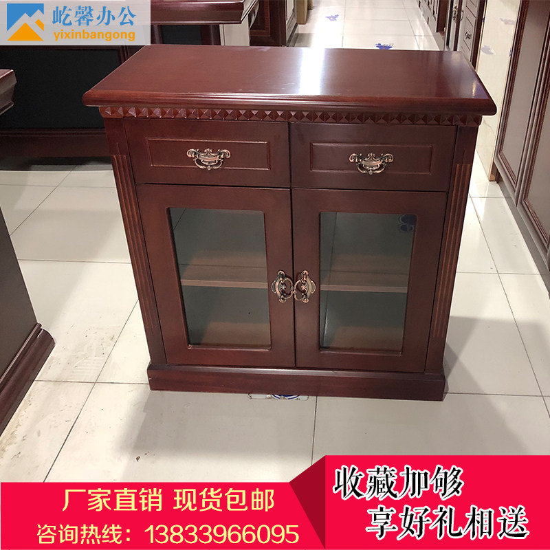 Solid wood veneer dining cabinet New Chinese three-door storage cabinet Double-door office reception room tea cabinet Document storage cabinet