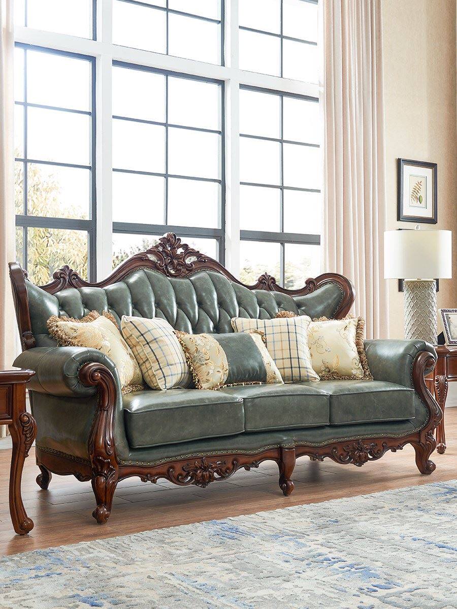 American Solid Wood Real Leather Sofa Head Layer Cow Leather Villa Trio small family sofa Living room 123 Composition sofa