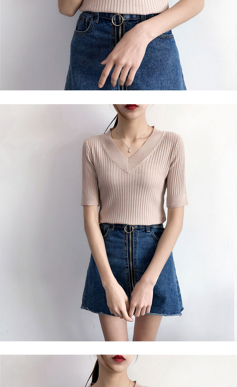 Mùa hè mới V-cổ Slim áo len ngắn tay áo thun ngắn đoạn chạm đáy áo sơ mi bó sát nửa áo thun nữ mỏng ao khoac len dep