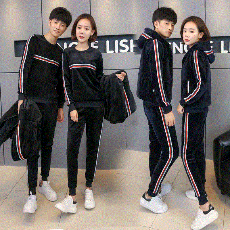 情侣运动套装男春秋纯棉跑步服长袖立领套头卫衣中年女休闲运动装