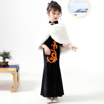 Girls Cheongsam Chinese style long childrens long sleeves modified retro style little girl catwalk Guzheng performance suit autumn and winter