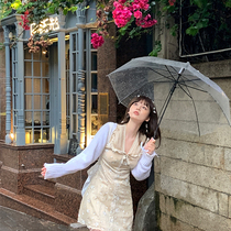 Transparent umbrella rain or shine umbrella long handle semi-automatic umbrella female student Korean version cute female ins frosted internet celebrity umbrella