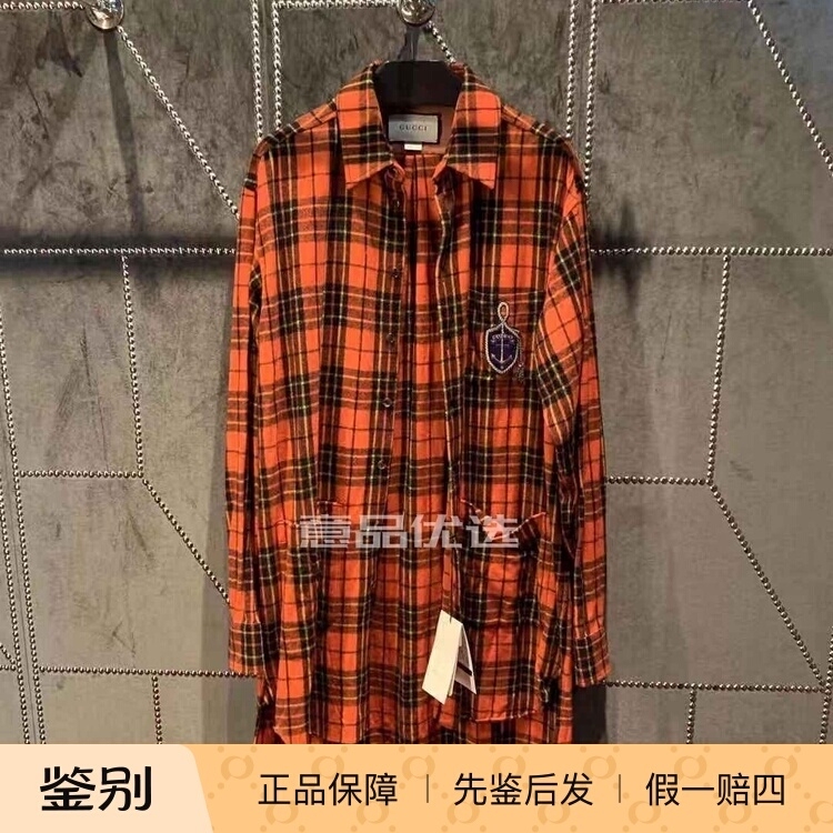 Domestic In-Stock Size 48 Gucci Men's Anchor Embroidery Orange-Red Plaid Long-Sleeve Wool Shirt for Men Autumn