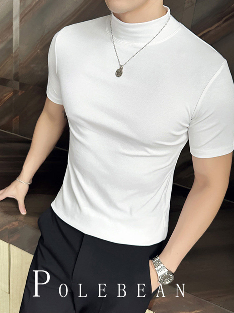 Korean Style Summer Solid Color Half-High Collar Base Shirt for Men, Slim Fit, Orange-Red Mid-High Collar Summer and Autumn Short-Sleeve T-Shirt