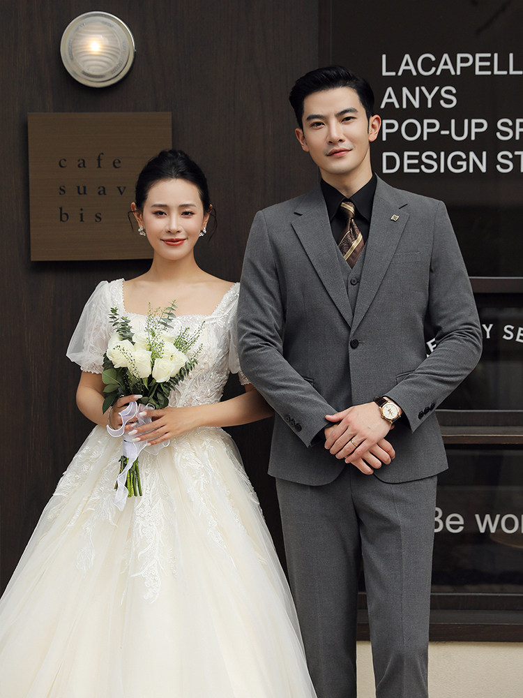 Groom's Wedding Suit, Men's Slim-Fit Business Formal Suit, Men's Korean-Style British-Style Groomsmen's Three-Piece Suit